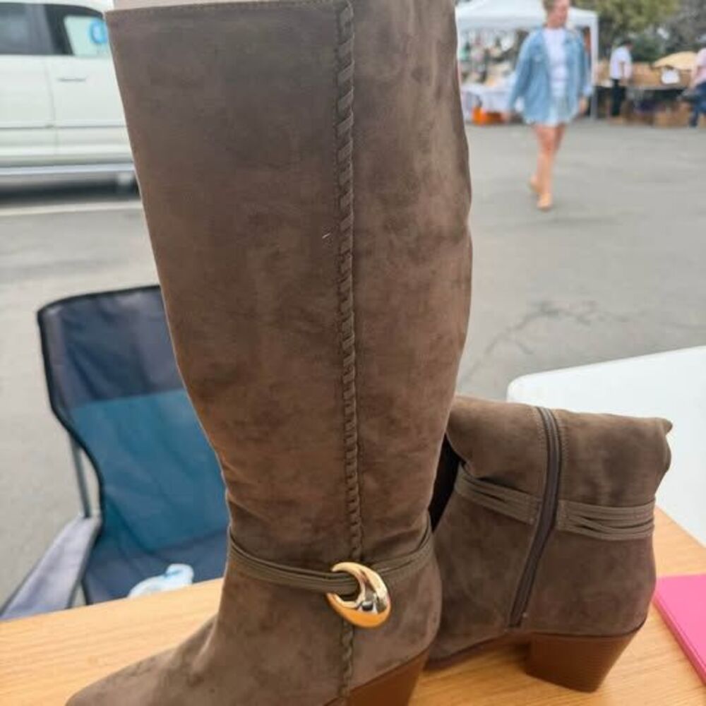 Taupe Suede Boots w Gold Buckle Detail